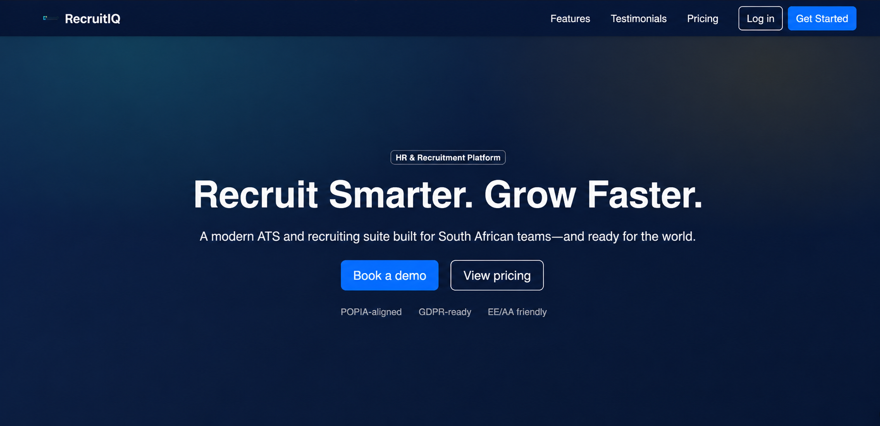 RecruitIQ landing page hero for an HR and recruitment platform